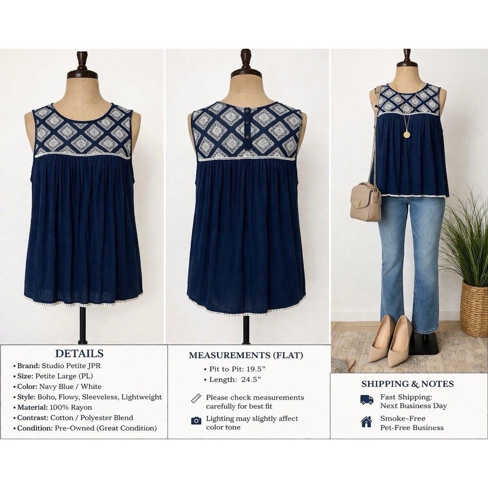 Studio Petite  JPR Women Blouse PL Petite Large Blue Boho sleeveless Embroidered